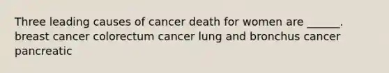 Three leading causes of cancer death for women are ______. breast cancer colorectum cancer lung and bronchus cancer pancreatic