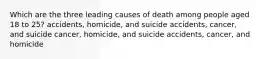 Which are the three leading causes of death among people aged 18 to 25? accidents, homicide, and suicide accidents, cancer, and suicide cancer, homicide, and suicide accidents, cancer, and homicide