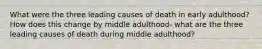 What were the three leading causes of death in early adulthood? How does this change by middle adulthood- what are the three leading causes of death during middle adulthood?