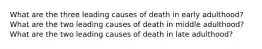 What are the three leading causes of death in early adulthood? What are the two leading causes of death in middle adulthood? What are the two leading causes of death in late adulthood?