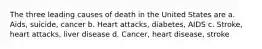 The three leading causes of death in the United States are a. Aids, suicide, cancer b. Heart attacks, diabetes, AIDS c. Stroke, heart attacks, liver disease d. Cancer, heart disease, stroke