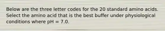 Below are the three letter codes for the 20 standard amino acids. Select the amino acid that is the best buffer under physiological conditions where pH = 7.0.