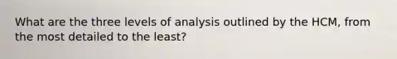 What are the three levels of analysis outlined by the HCM, from the most detailed to the least?