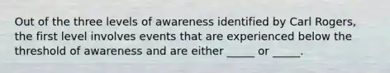 Out of the three levels of awareness identified by Carl Rogers, the first level involves events that are experienced below the threshold of awareness and are either _____ or _____.