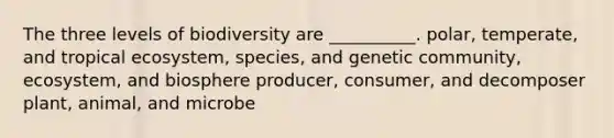 The three levels of biodiversity are __________. polar, temperate, and tropical ecosystem, species, and genetic community, ecosystem, and biosphere producer, consumer, and decomposer plant, animal, and microbe