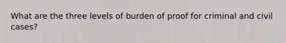 What are the three levels of burden of proof for criminal and civil cases?