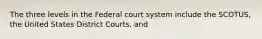 The three levels in the Federal court system include the SCOTUS, the United States District Courts, and