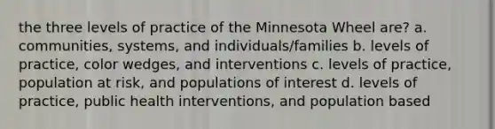 the three levels of practice of the Minnesota Wheel are? a. communities, systems, and individuals/families b. levels of practice, color wedges, and interventions c. levels of practice, population at risk, and populations of interest d. levels of practice, public health interventions, and population based