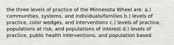 the three levels of practice of the Minnesota Wheel are: a.) communities, systems, and individuals/families b.) levels of practice, color wedges, and interventions c.) levels of practice, populations at risk, and populations of interest d.) levels of practice, public health interventions, and population based