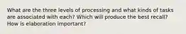 What are the three levels of processing and what kinds of tasks are associated with each? Which will produce the best recall? How is elaboration important?