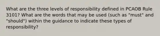 What are the three levels of responsibility defined in PCAOB Rule 3101? What are the words that may be used (such as "must" and "should") within the guidance to indicate these types of responsibility?