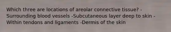 Which three are locations of areolar <a href='https://www.questionai.com/knowledge/kYDr0DHyc8-connective-tissue' class='anchor-knowledge'>connective tissue</a>? -Surrounding blood vessels -Subcutaneous layer deep to skin -Within tendons and ligaments -Dermis of the skin