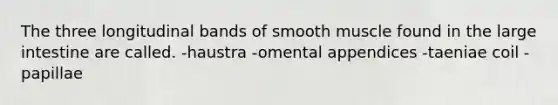 The three longitudinal bands of smooth muscle found in the <a href='https://www.questionai.com/knowledge/kGQjby07OK-large-intestine' class='anchor-knowledge'>large intestine</a> are called. -haustra -omental appendices -taeniae coil -papillae