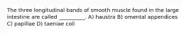 The three longitudinal bands of smooth muscle found in the large intestine are called __________. A) haustra B) omental appendices C) papillae D) taeniae coli