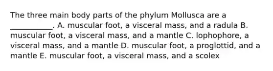 The three main body parts of the phylum Mollusca are a ___________. A. muscular foot, a visceral mass, and a radula B. muscular foot, a visceral mass, and a mantle C. lophophore, a visceral mass, and a mantle D. muscular foot, a proglottid, and a mantle E. muscular foot, a visceral mass, and a scolex