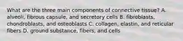 What are the three main components of connective tissue? A. alveoli, fibrous capsule, and secretory cells B. fibroblasts, chondroblasts, and osteoblasts C. collagen, elastin, and reticular fibers D. ground substance, fibers, and cells