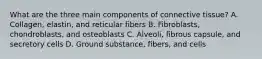 What are the three main components of connective tissue? A. Collagen, elastin, and reticular fibers B. Fibroblasts, chondroblasts, and osteoblasts C. Alveoli, fibrous capsule, and secretory cells D. Ground substance, fibers, and cells