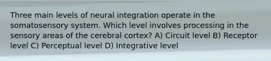 Three main levels of neural integration operate in the somatosensory system. Which level involves processing in the sensory areas of the cerebral cortex? A) Circuit level B) Receptor level C) Perceptual level D) Integrative level