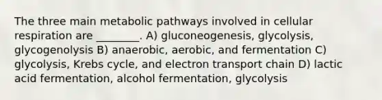 The three main metabolic pathways involved in <a href='https://www.questionai.com/knowledge/k1IqNYBAJw-cellular-respiration' class='anchor-knowledge'>cellular respiration</a> are ________. A) gluconeogenesis, glycolysis, glycogenolysis B) anaerobic, aerobic, and fermentation C) glycolysis, <a href='https://www.questionai.com/knowledge/kqfW58SNl2-krebs-cycle' class='anchor-knowledge'>krebs cycle</a>, and electron transport chain D) lactic acid fermentation, alcohol fermentation, glycolysis