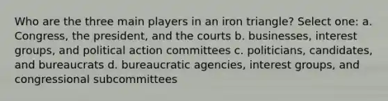 Who are the three main players in an iron triangle? Select one: a. Congress, the president, and the courts b. businesses, interest groups, and political action committees c. politicians, candidates, and bureaucrats d. bureaucratic agencies, interest groups, and congressional subcommittees