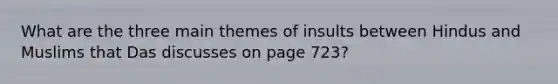 What are the three main themes of insults between Hindus and Muslims that Das discusses on page 723?