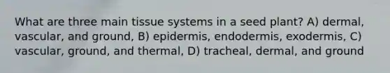 What are three main tissue systems in a seed plant? A) dermal, vascular, and ground, B) epidermis, endodermis, exodermis, C) vascular, ground, and thermal, D) tracheal, dermal, and ground