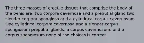 The three masses of erectile tissues that comprise the body of the penis are: two corpora cavernosa and a preputial gland two slender corpora spongiosa and a cylindrical corpus cavernosum One cylindrical corpora cavernosa and a slender corpus spongiosum preputial glands, a corpus cavernosum, and a corpus spongiosum none of the choices is correct