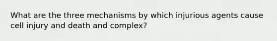 What are the three mechanisms by which injurious agents cause cell injury and death and complex?