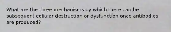 What are the three mechanisms by which there can be subsequent cellular destruction or dysfunction once antibodies are produced?