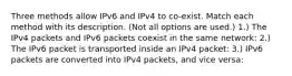 Three methods allow IPv6 and IPv4 to co-exist. Match each method with its description. (Not all options are used.) 1.) The IPv4 packets and IPv6 packets coexist in the same network: 2.) The IPv6 packet is transported inside an IPv4 packet: 3.) IPv6 packets are converted into IPv4 packets, and vice versa: