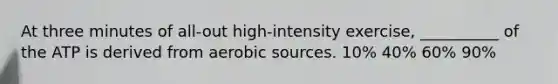 At three minutes of all-out high-intensity exercise, __________ of the ATP is derived from aerobic sources. 10% 40% 60% 90%
