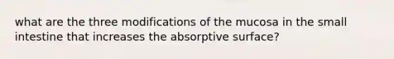 what are the three modifications of the mucosa in the small intestine that increases the absorptive surface?