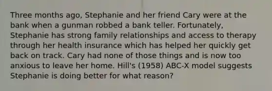 Three months ago, Stephanie and her friend Cary were at the bank when a gunman robbed a bank teller. Fortunately, Stephanie has strong family relationships and access to therapy through her health insurance which has helped her quickly get back on track. Cary had none of those things and is now too anxious to leave her home. Hill's (1958) ABC-X model suggests Stephanie is doing better for what reason?