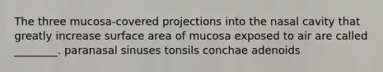 The three mucosa-covered projections into the nasal cavity that greatly increase surface area of mucosa exposed to air are called ________. paranasal sinuses tonsils conchae adenoids