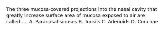 The three mucosa-covered projections into the nasal cavity that greatly increase surface area of mucosa exposed to air are called..... A. Paranasal sinuses B. Tonsils C. Adenoids D. Conchae