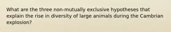 What are the three non-mutually exclusive hypotheses that explain the rise in diversity of large animals during the Cambrian explosion?