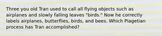 Three you old Tran used to call all flying objects such as airplanes and slowly falling leaves "birds." Now he correctly labels airplanes, butterflies, birds, and bees. Which Piagetian process has Tran accomplished?