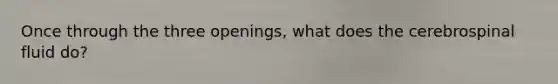 Once through the three openings, what does the cerebrospinal fluid do?