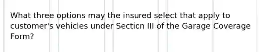 What three options may the insured select that apply to customer's vehicles under Section III of the Garage Coverage Form?