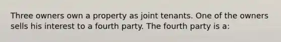 Three owners own a property as joint tenants. One of the owners sells his interest to a fourth party. The fourth party is a: