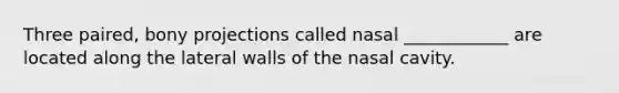 Three paired, bony projections called nasal ____________ are located along the lateral walls of the nasal cavity.