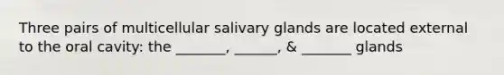 Three pairs of multicellular salivary glands are located external to the oral cavity: the _______, ______, & _______ glands