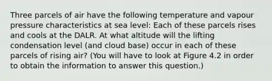 Three parcels of air have the following temperature and vapour pressure characteristics at sea level: Each of these parcels rises and cools at the DALR. At what altitude will the lifting condensation level (and cloud base) occur in each of these parcels of rising air? (You will have to look at Figure 4.2 in order to obtain the information to answer this question.)