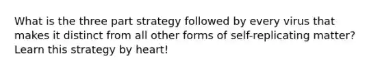 What is the three part strategy followed by every virus that makes it distinct from all other forms of self-replicating matter? Learn this strategy by heart!