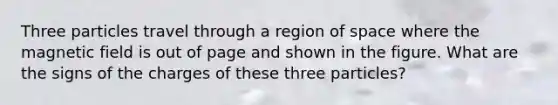 Three particles travel through a region of space where the magnetic field is out of page and shown in the figure. What are the signs of the charges of these three particles?