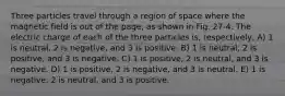 Three particles travel through a region of space where the magnetic field is out of the page, as shown in Fig. 27-4. The electric charge of each of the three particles is, respectively, A) 1 is neutral, 2 is negative, and 3 is positive. B) 1 is neutral, 2 is positive, and 3 is negative. C) 1 is positive, 2 is neutral, and 3 is negative. D) 1 is positive, 2 is negative, and 3 is neutral. E) 1 is negative, 2 is neutral, and 3 is positive.