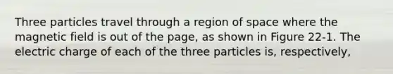 Three particles travel through a region of space where the magnetic field is out of the page, as shown in Figure 22-1. The electric charge of each of the three particles is, respectively,