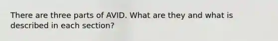 There are three parts of AVID. What are they and what is described in each section?