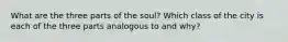 What are the three parts of the soul? Which class of the city is each of the three parts analogous to and why?