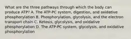 What are the three pathways through which the body can produce ATP? A. The ATP-PC system, digestion, and oxidative phosphorylation B. Phosphorylation, glycolysis, and the electron transport chain C. Ketosis, glycolysis, and oxidative phosphorylation D. The ATP-PC system, glycolysis, and oxidative phosphorylation